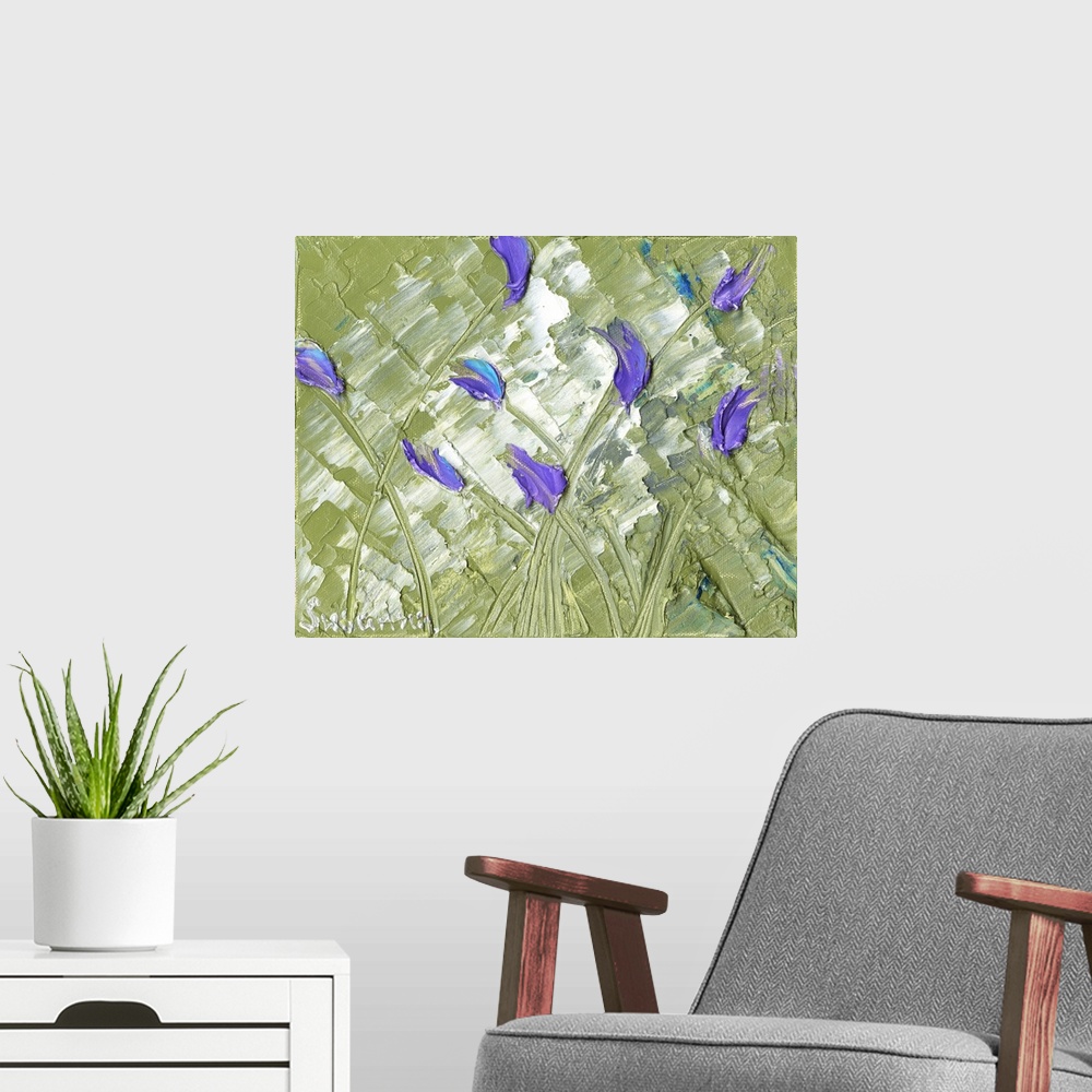 A modern room featuring Large abstract painting with purple tulips on sage green background.
