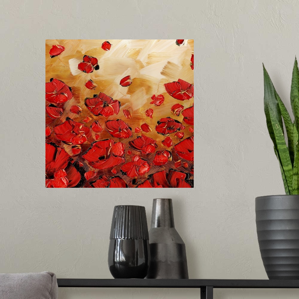 A modern room featuring Abstract painting of red poppies on a bronze background with distinct brushstrokes on a square ba...