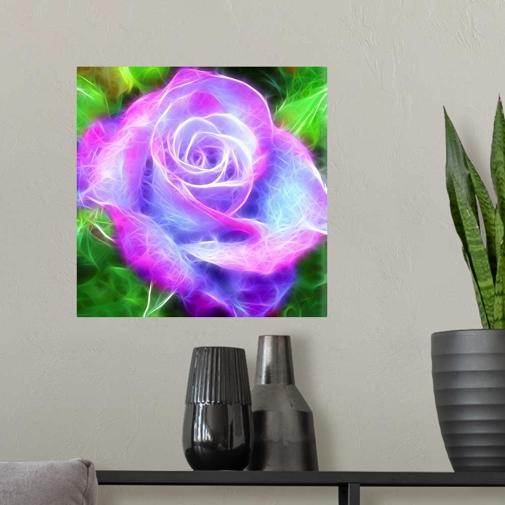 A modern room featuring Digital illustration of a pink, purple, and blue rose with a green background and electric lookin...