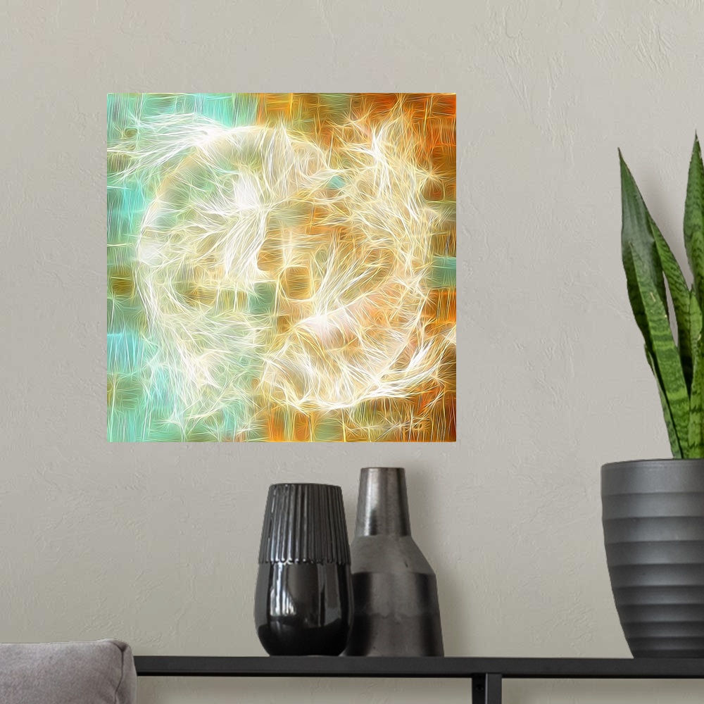 A modern room featuring Square abstract art with thin lines intertwining together to create two yin yang fish in the cent...