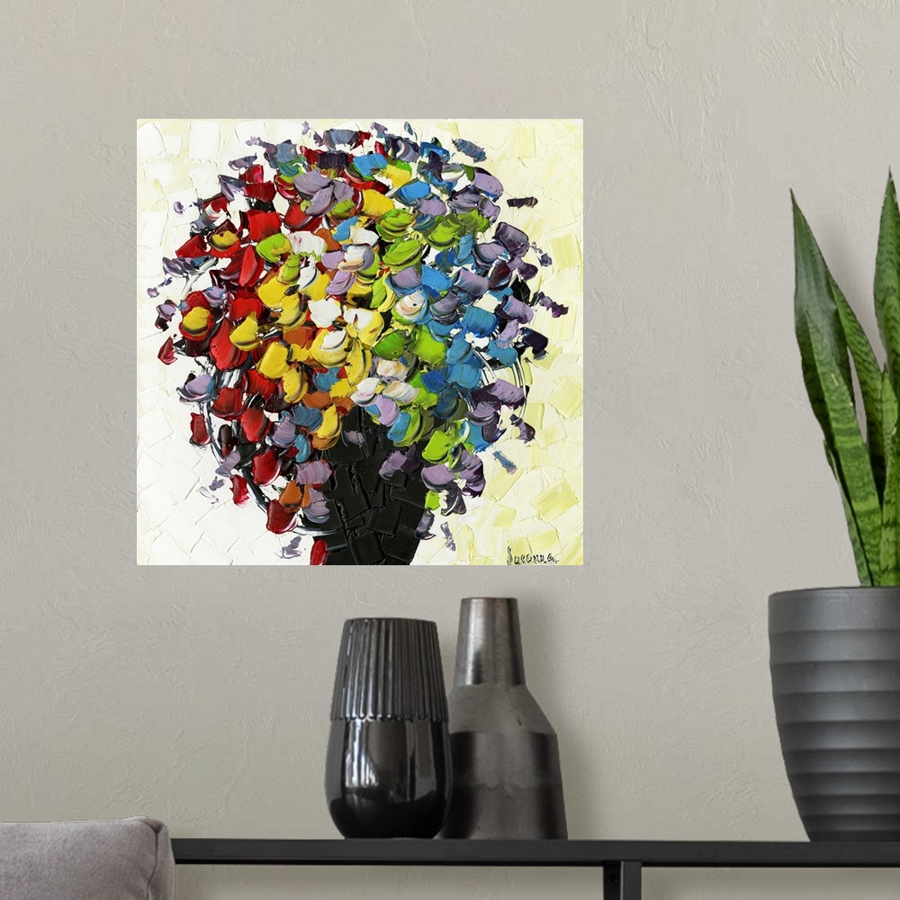 A modern room featuring Colorful wild flowers bouquet in black vase - Impressionist Abstract