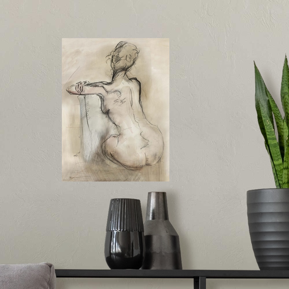 A modern room featuring Contemporary drawing of a female nude, in a seated position.