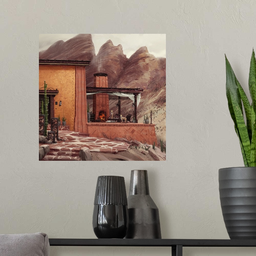 A modern room featuring Painting of a house in red desert.