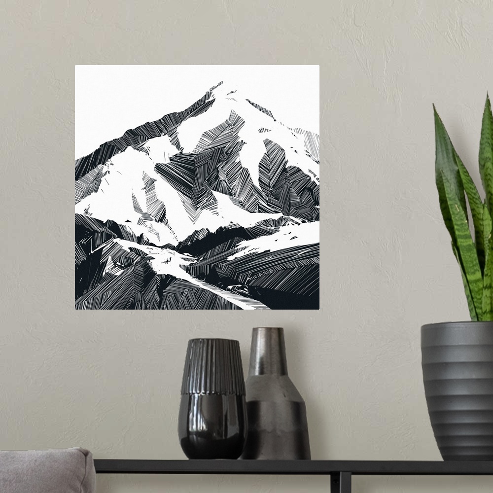 A modern room featuring Stylized monochrome sketches of climbers in mountain landscapes.