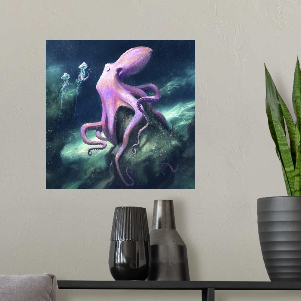 A modern room featuring Painting of a pink octopus sleeping near jellyfish.