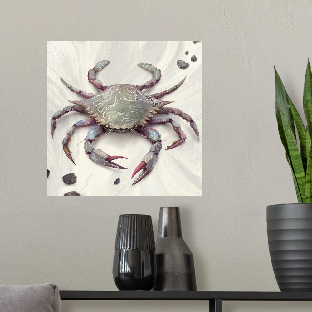 A modern room featuring Painting of blue crab with seashells on abstract background.