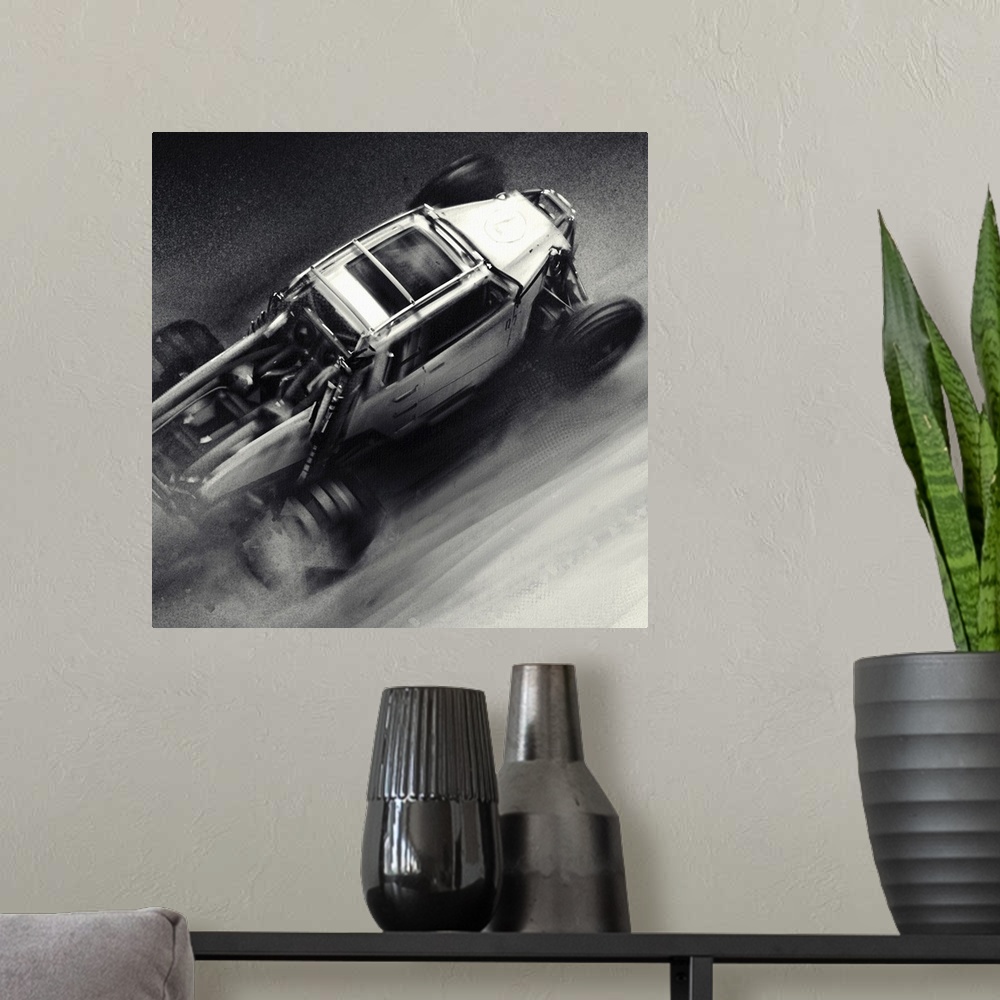 A modern room featuring Monochrome concept sketch of a sand rail dune truck.