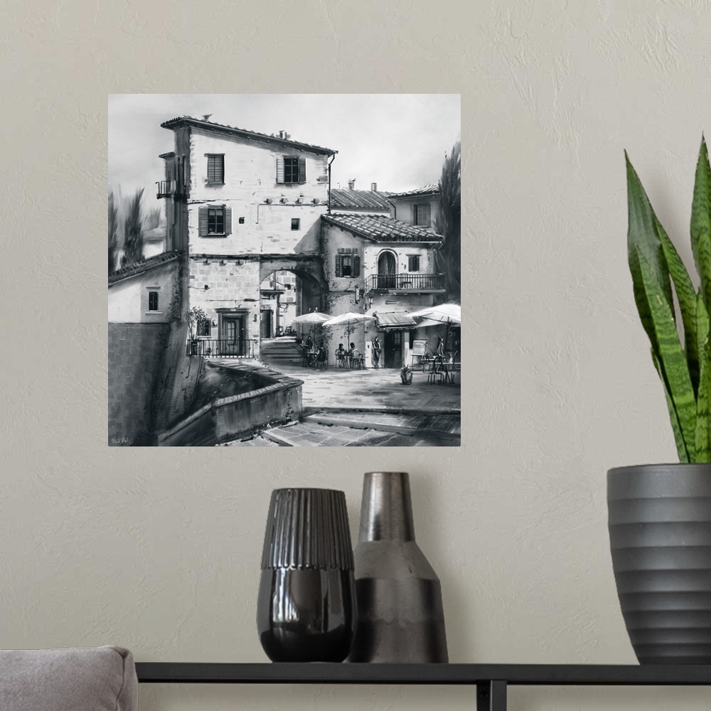 A modern room featuring Monochrome painting of a Tuscan street.
