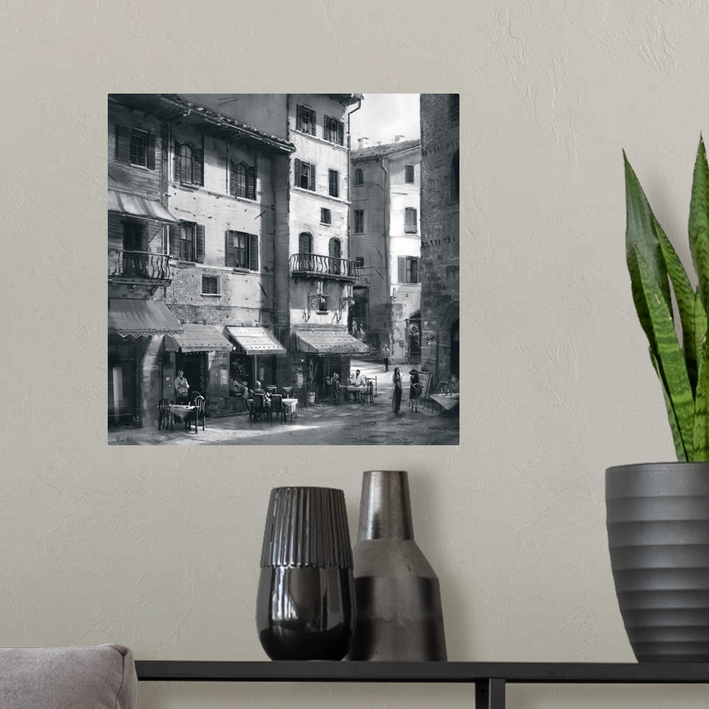 A modern room featuring Monochrome painting of a rustic Tuscan town street.