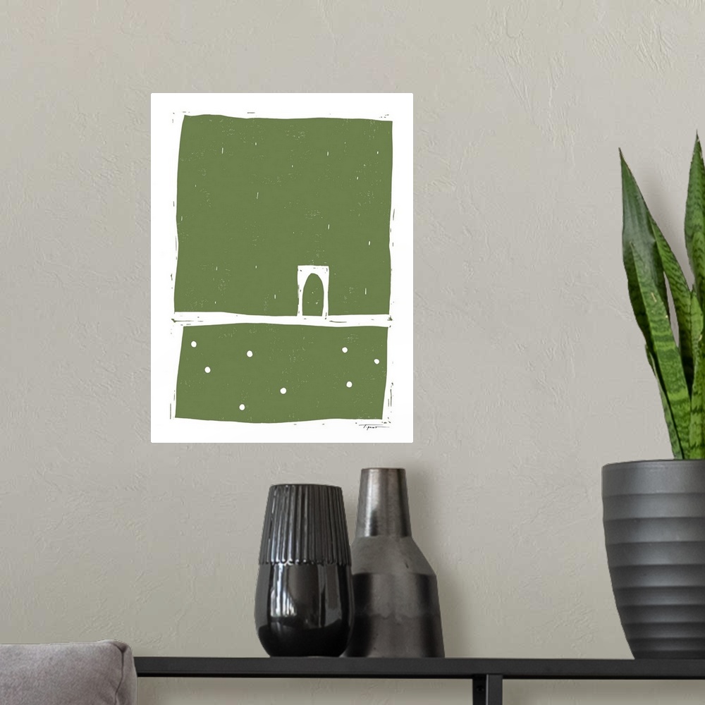 A modern room featuring Modern army green block print with large abstract shapes.