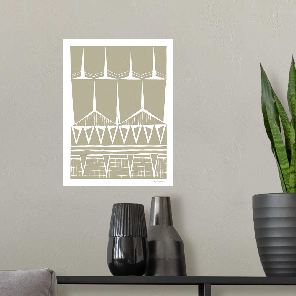 A modern room featuring Tribal block print with patterned shapes in taupe.