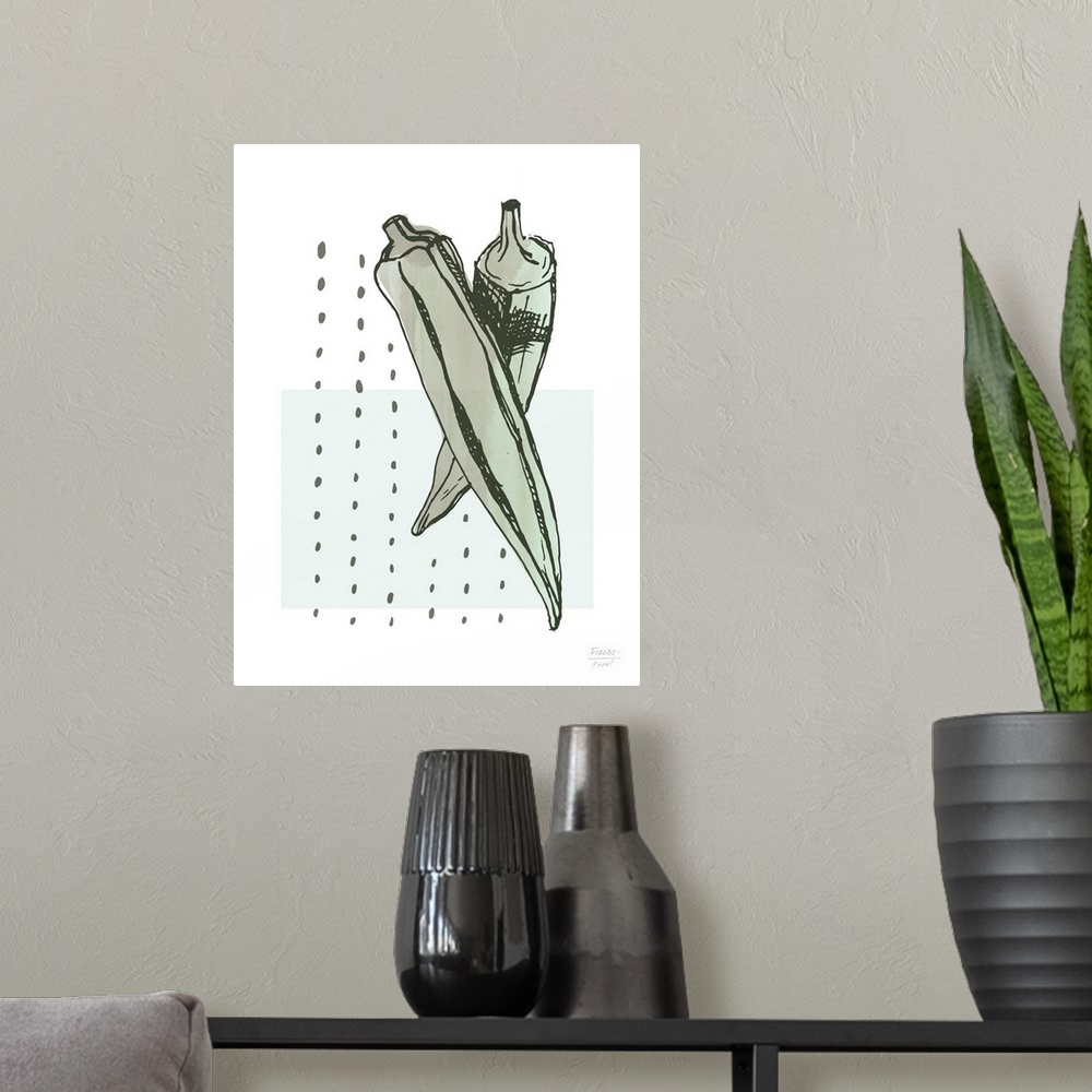 A modern room featuring Watercolor kitchen print with okra and abstract shapes in green.