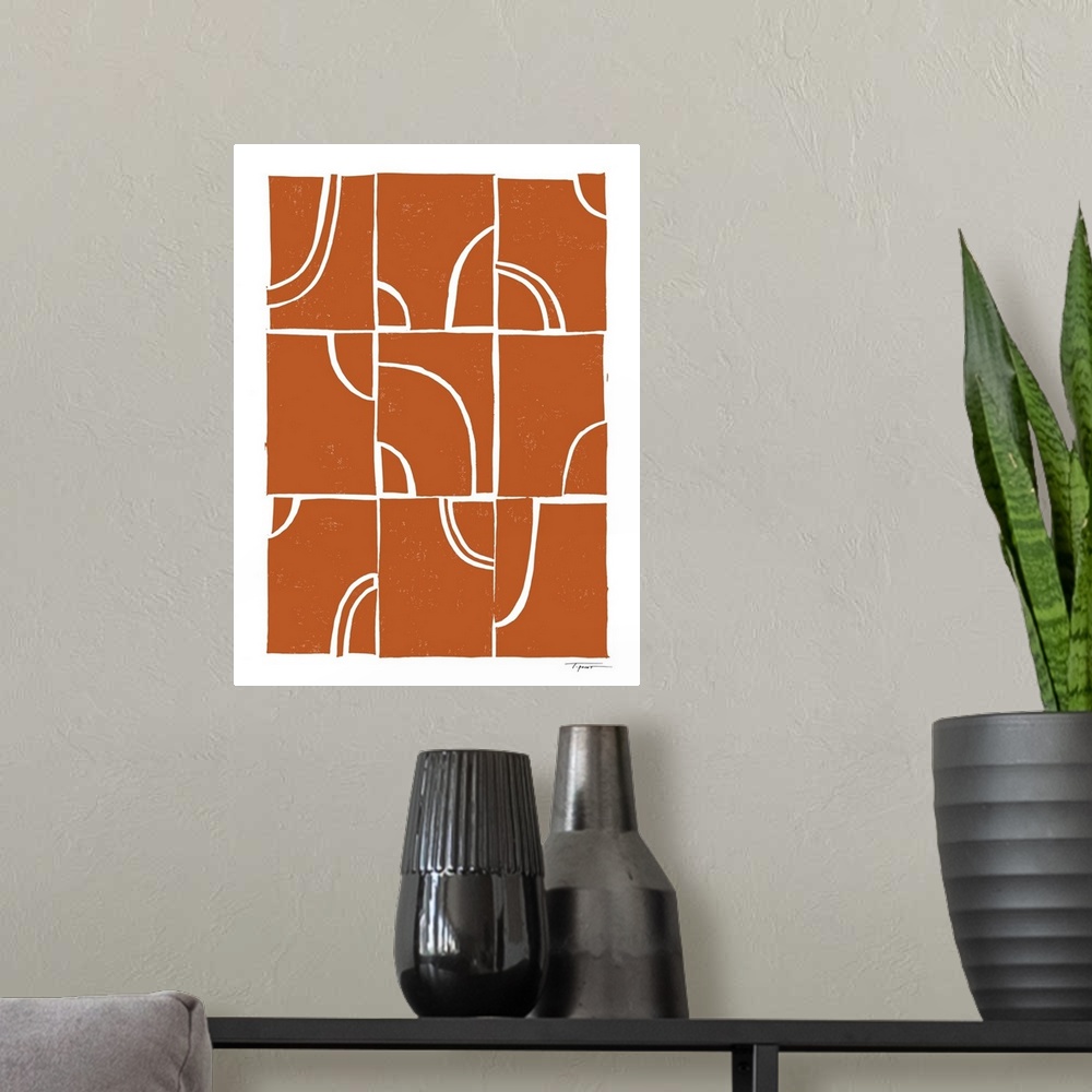 A modern room featuring Modern block print shapes with arches in the color burnt orange.