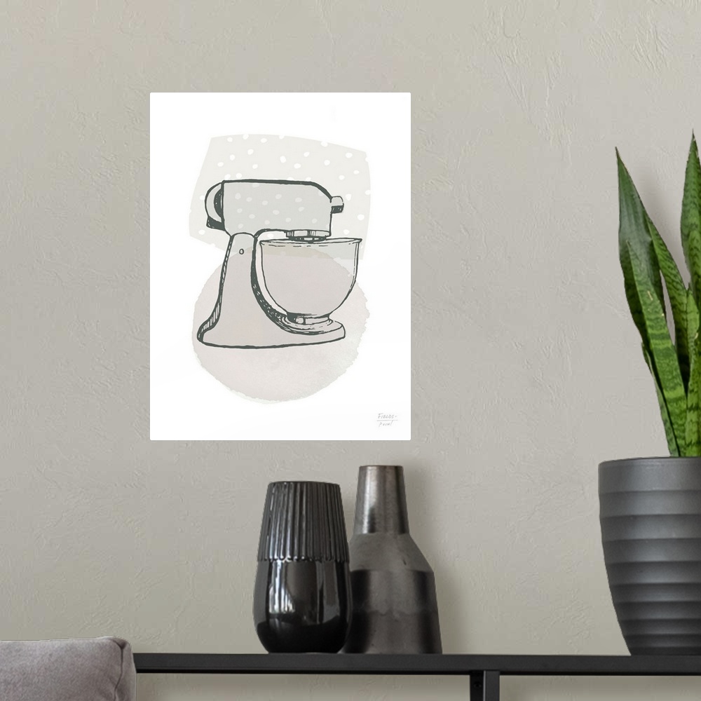 A modern room featuring Watercolor kitchen print of a stand mixer and watercolor shapes in the background.