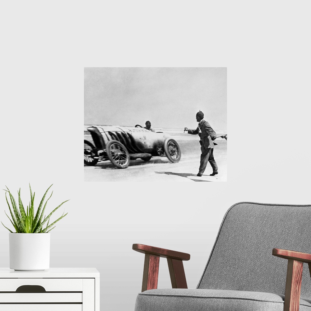 A modern room featuring American automobile racer Barney Oldfield setting a record speed of 131.7 miles-per-hour in his B...