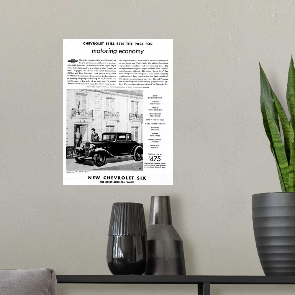 A modern room featuring Advertisement for the Chevrolet 'Six' automobile, 1932.