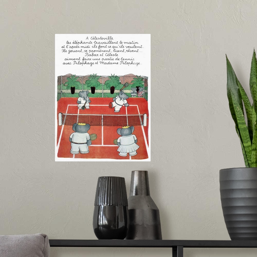 A modern room featuring Babar, king of the elephants, and Celeste playing tennis at Celesteville. Illustration from one o...