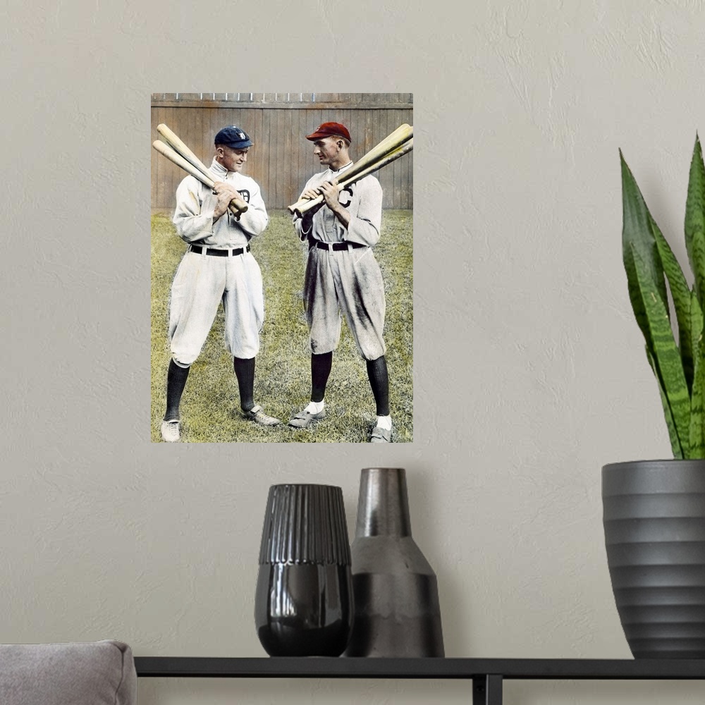A modern room featuring Tyrus Raymond ('Ty') Cobb (1886-1961) with 'Shoeless' Joe Jackson, right. Oil over a photograph, ...