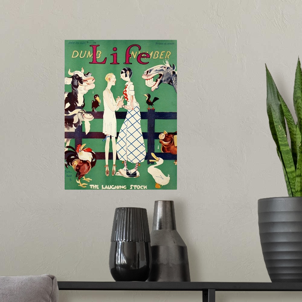 A modern room featuring 'The Laughing Stock.' 'Life' magazine cover, 1926, by John Held, Jr.