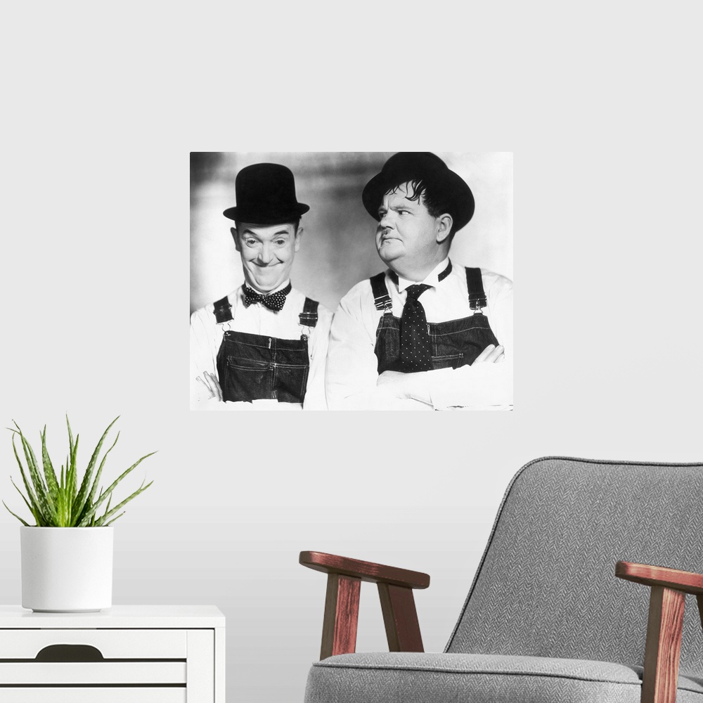 A modern room featuring Stan Laurel (left) and Oliver Hardy.