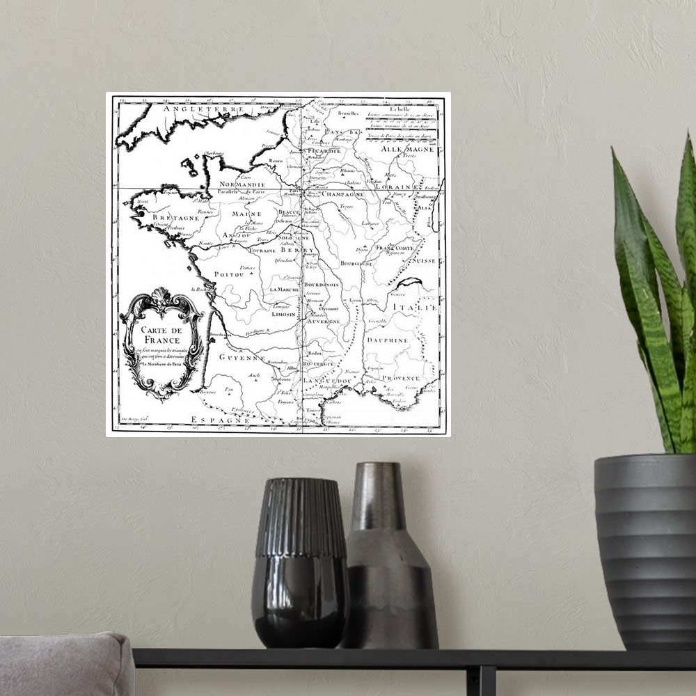 A modern room featuring Map Of France, C1718. An Engraved Map Of France, C1718, Showing Triangulation.