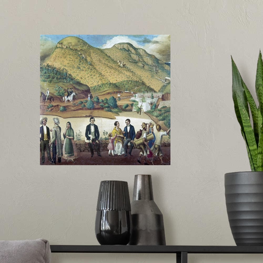 A modern room featuring Mexicans of various social classes enjoying the countryside near Guanajuato, Mexico. The Dam of L...