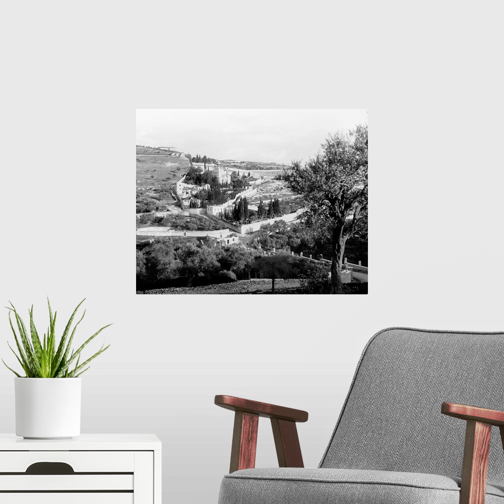 A modern room featuring Mount Of Olives. Bird's Eye View From the South Of the Mount Of Olives, East Jersusalem. Photogra...