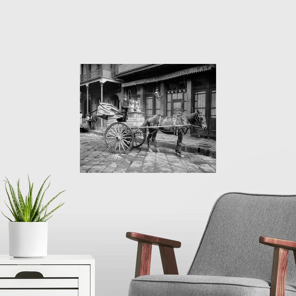 A modern room featuring New Orleans, Milk Cart. A Horse-Drawn Milk Cart Outside A Restaurant On A Street In New Orleans, ...