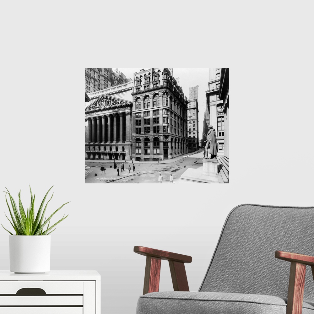 A modern room featuring View of the New York Stock Exchange and Wilks Building on Wall Street in New York City. Photograp...
