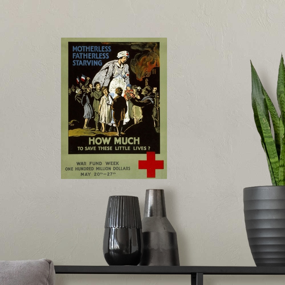 A modern room featuring American Red Cross fundraising poster with a Red Cross nurse among French children. Lithograph, 1...