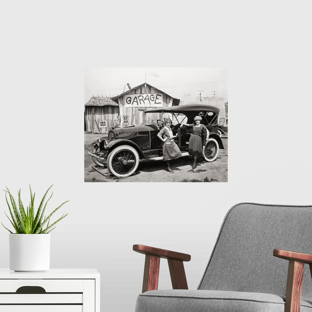 A modern room featuring Silent Film: Automobiles: Mildred June and Floy Gwinn.