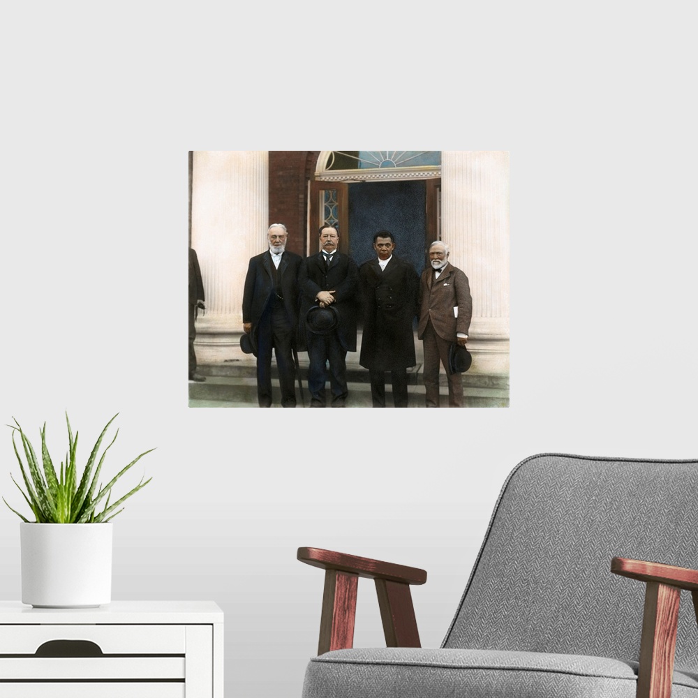 A modern room featuring TUSKEGEE INSTITUTE 1906. Left to right: Trustee Robert C. Ogden, William Howard Taft, Booker T. W...