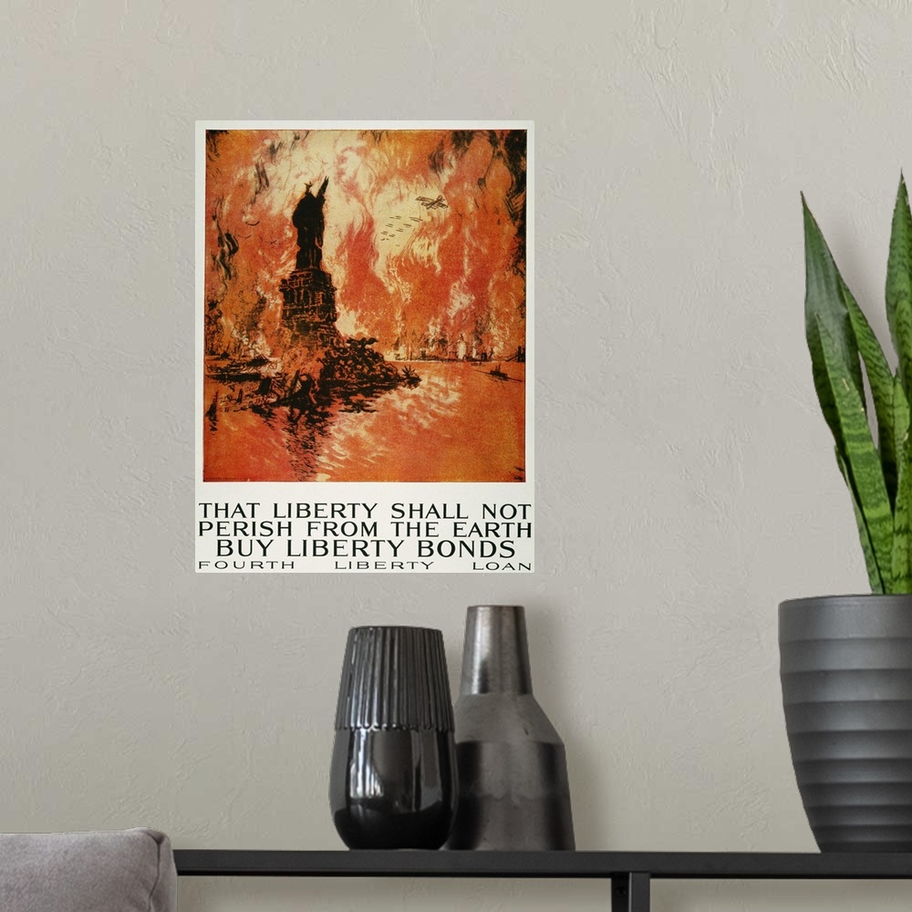 A modern room featuring 'That Liberty Shall Not Perish...' American World War I Liberty Loan poster.