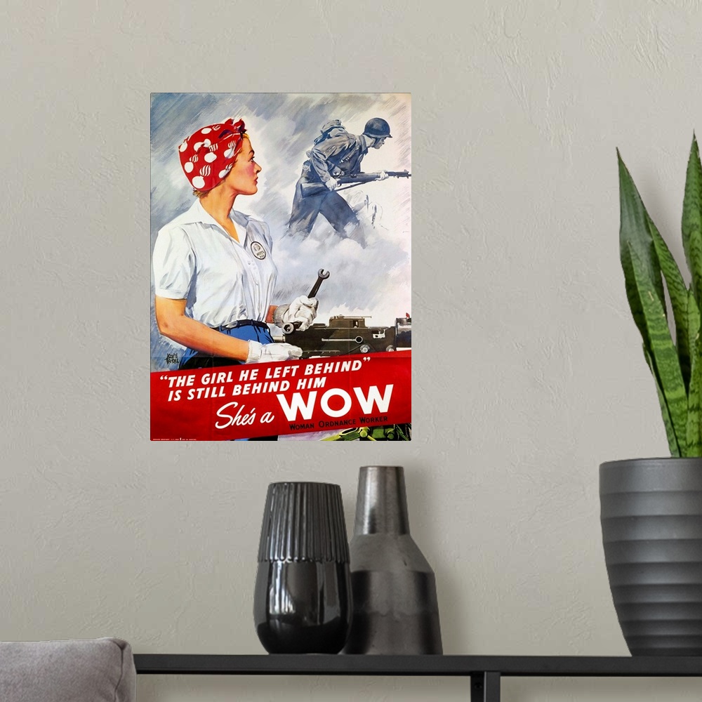 A modern room featuring 'The Girl He Left Behind Is Still Behind Him.' American World War II recruitment poster for women...