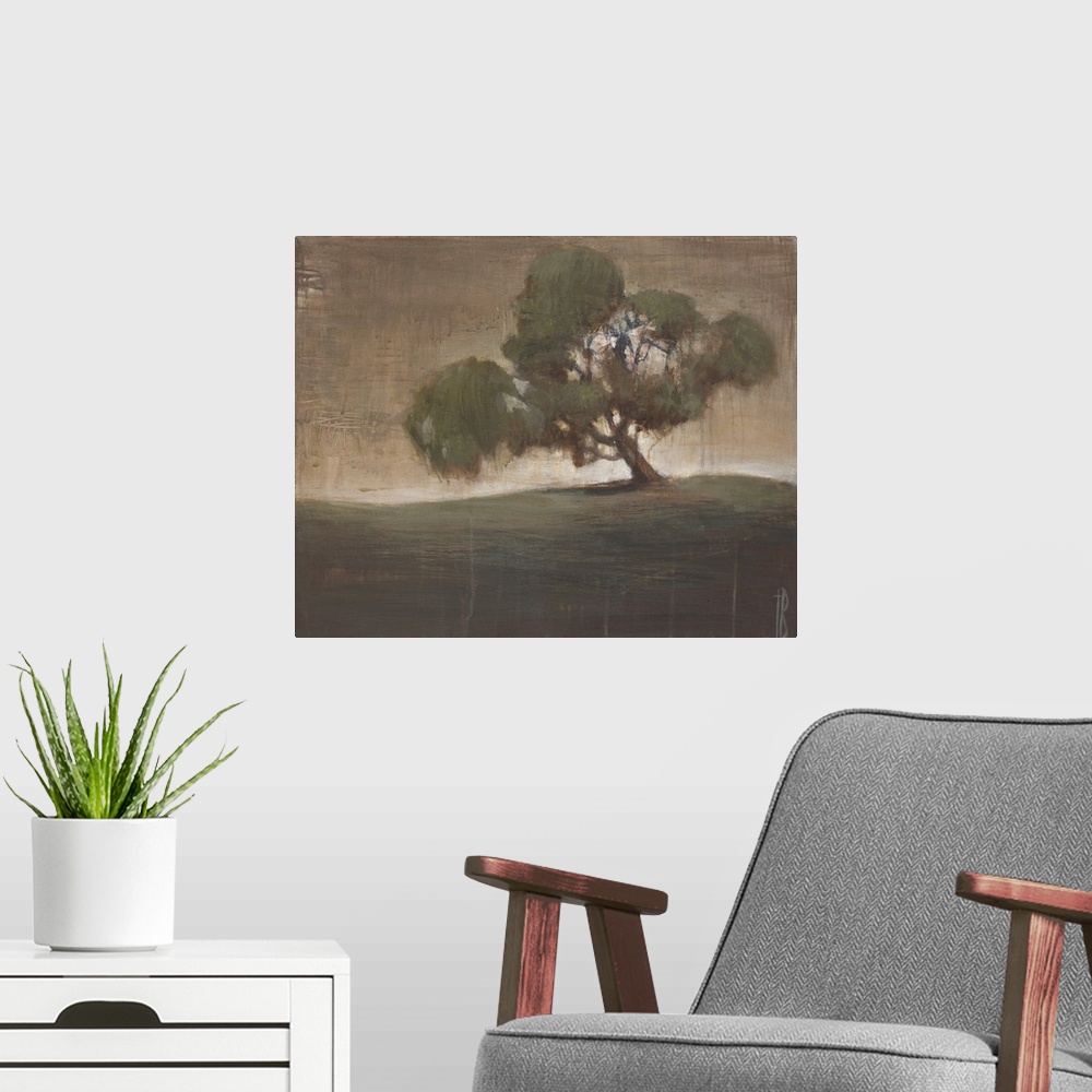 A modern room featuring A contemporary painting of a lone tree leaning to its side on a grassy knoll.