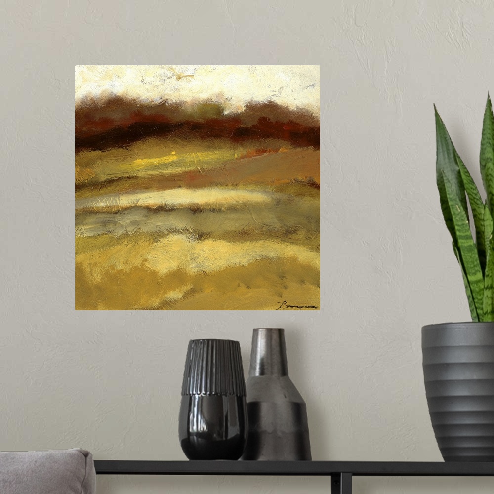 A modern room featuring Contemporary painting of a golden earthy toned landscape.