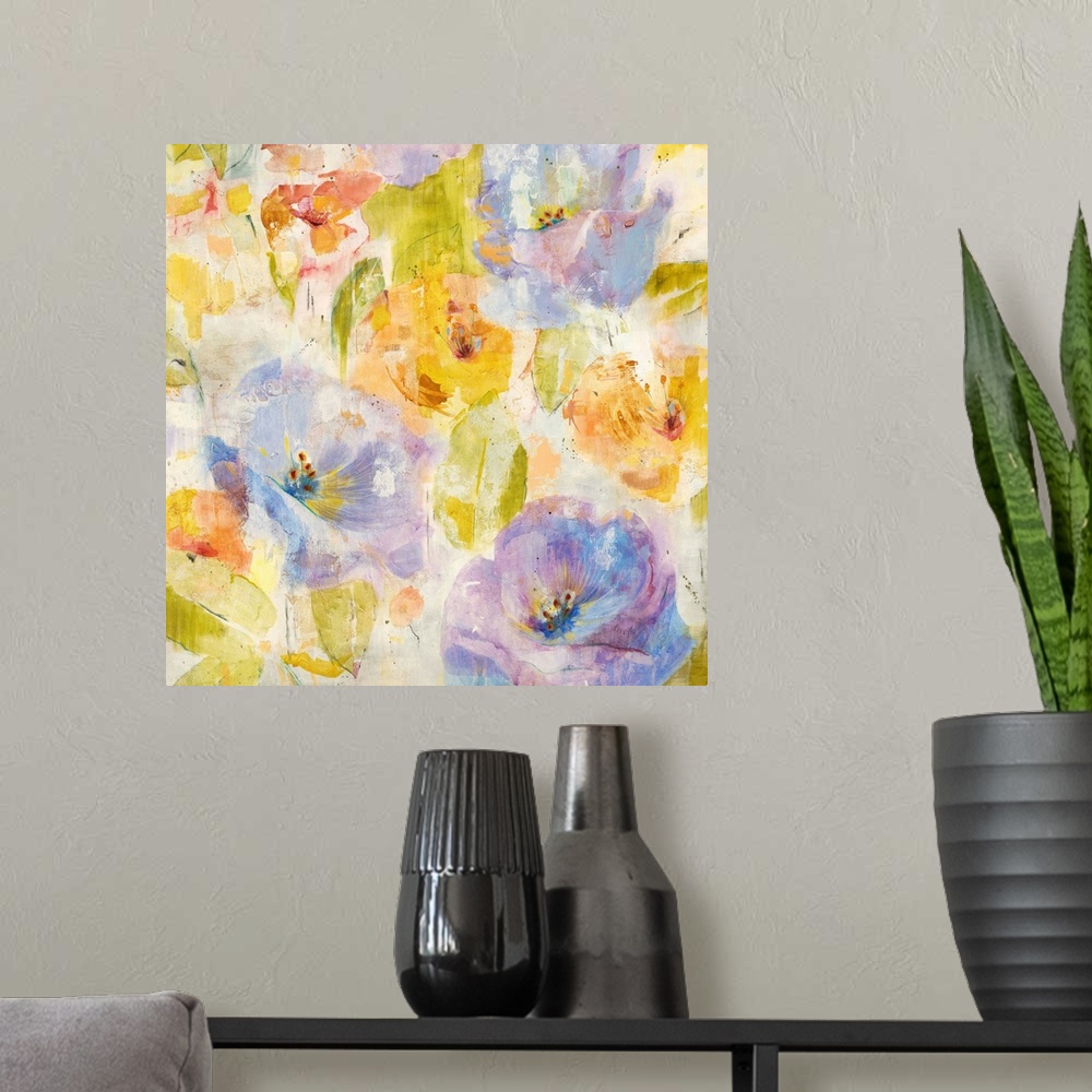 A modern room featuring A contemporary painting of soft pale purple and orange flowers.