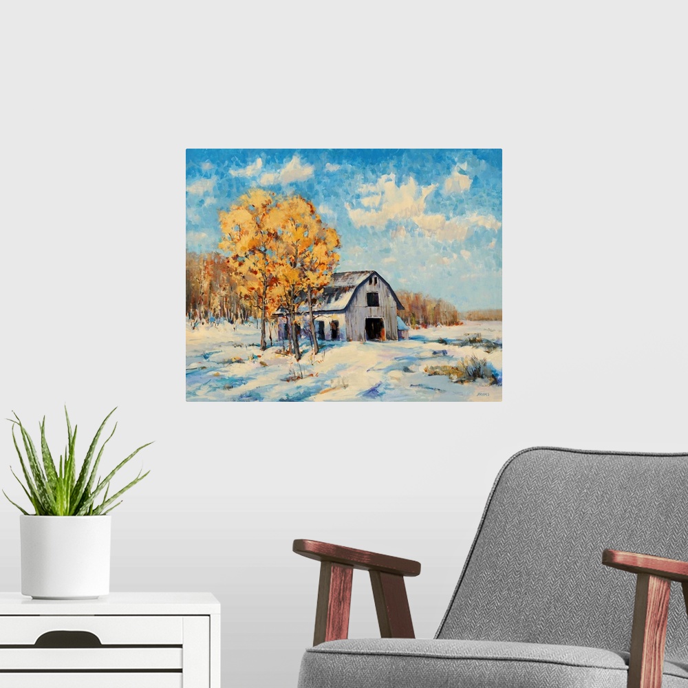 A modern room featuring A transitional style painting on a white barn and free with golden leaves in a snowy winter lands...