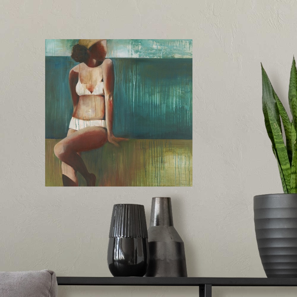 A modern room featuring Contemporary figurative painting of a woman wearing a white bikini.