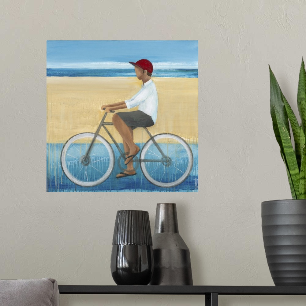 A modern room featuring Contemporary figurative painting of a man riding a bicycle.
