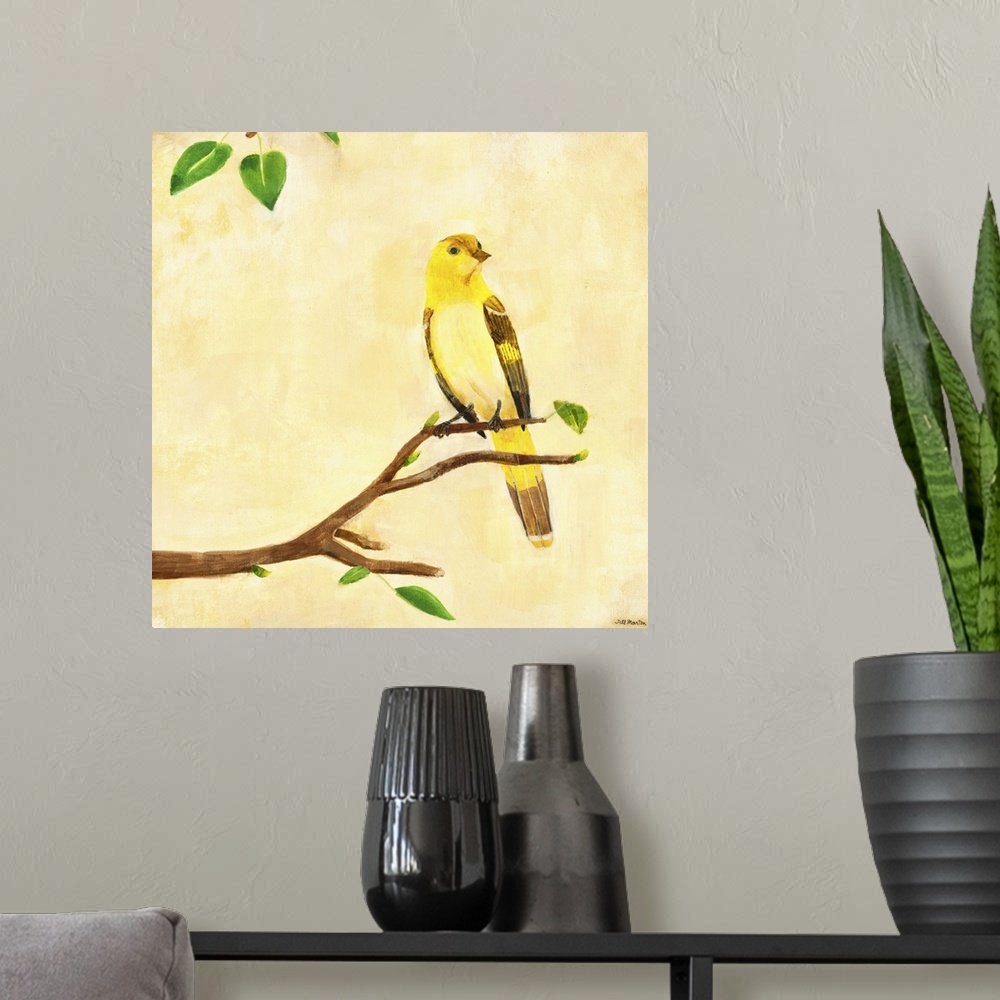 A modern room featuring Contemporary artwork of a yellow garden bird perched on a tree branch.