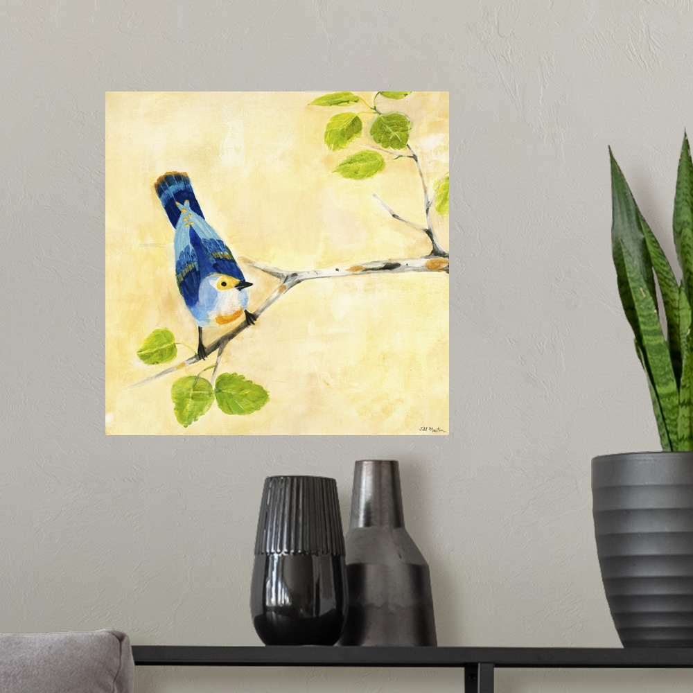 A modern room featuring Contemporary artwork of a blue garden bird perched on a tree branch.