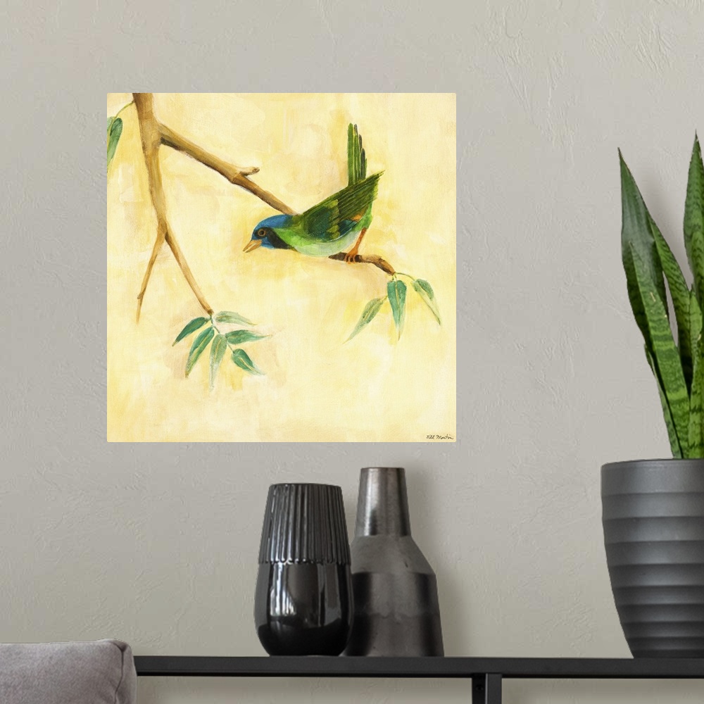 A modern room featuring Contemporary artwork of a green garden bird perched on a tree branch.