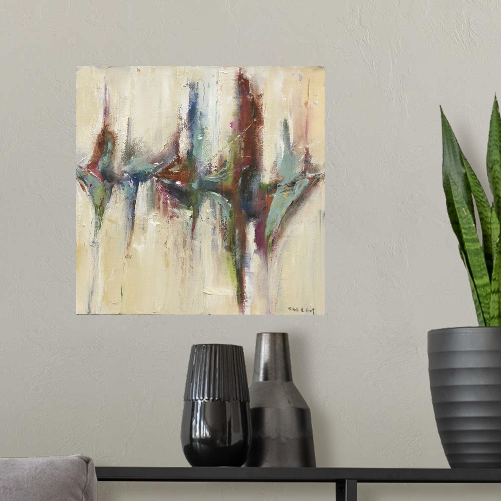 A modern room featuring Square abstract painting with colorful brushstrokes in the middle resembling a reflection.