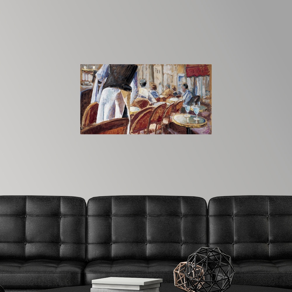 A modern room featuring A contemporary painting of a cafe terrace and waiter.