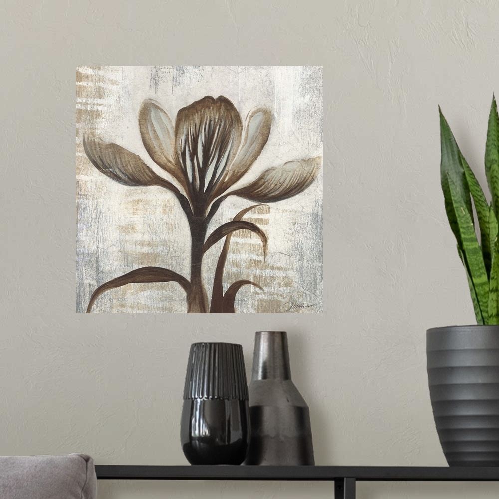 A modern room featuring A decorative square painting of a flower in brown and gray tones with small metallic speckles thr...
