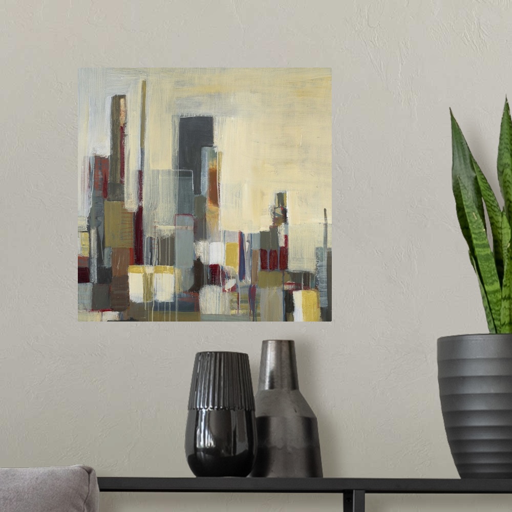 A modern room featuring Contemporary abstract painting of colorful geometric shapes overlapping one another.
