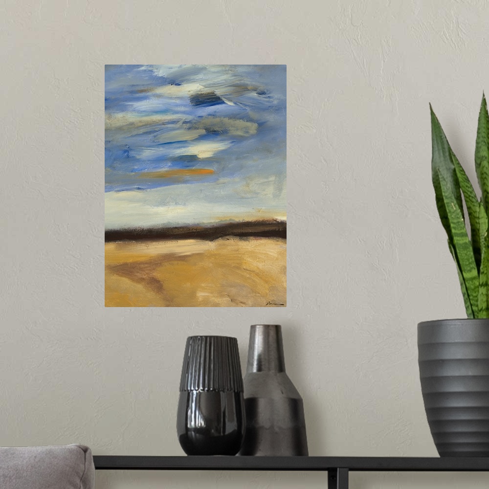 A modern room featuring Contemporary abstract painting of a plains landscape under a blue cloudy sky.