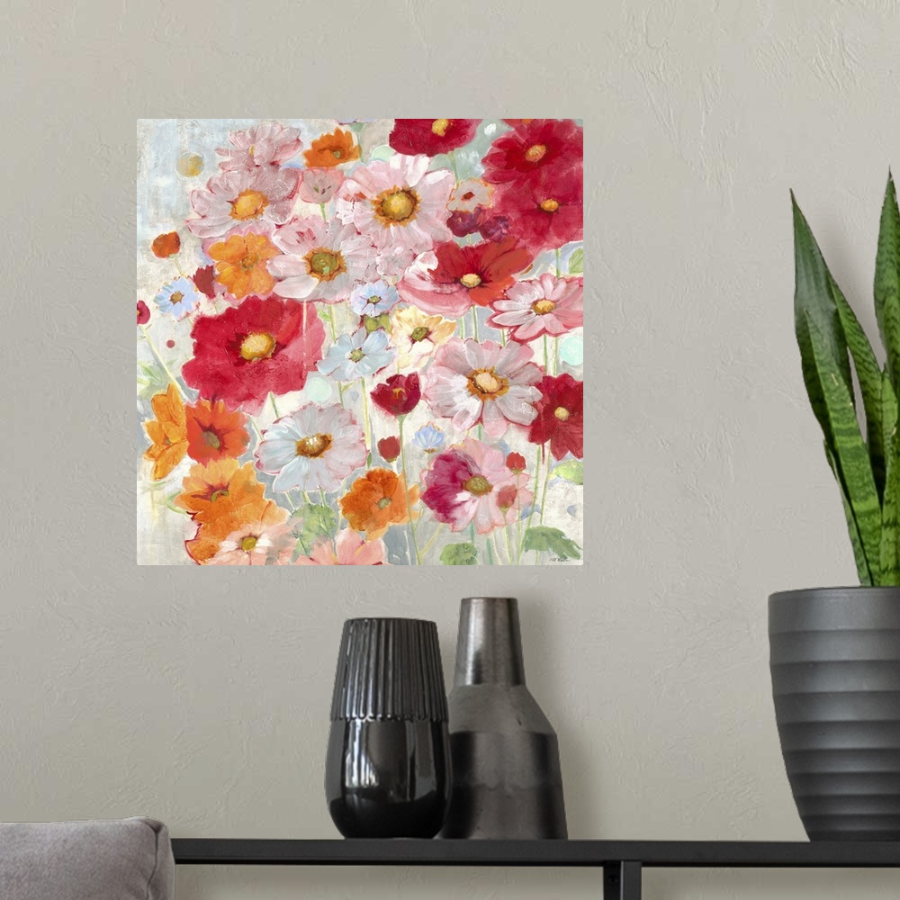 A modern room featuring Contemporary painting of vibrant red orange and pink flowers in a garden.