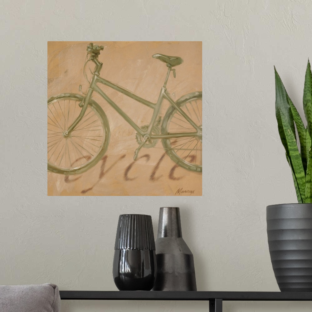 A modern room featuring A square painting with a limited color palette of a bicycle, the wheels have been cropped out; fa...